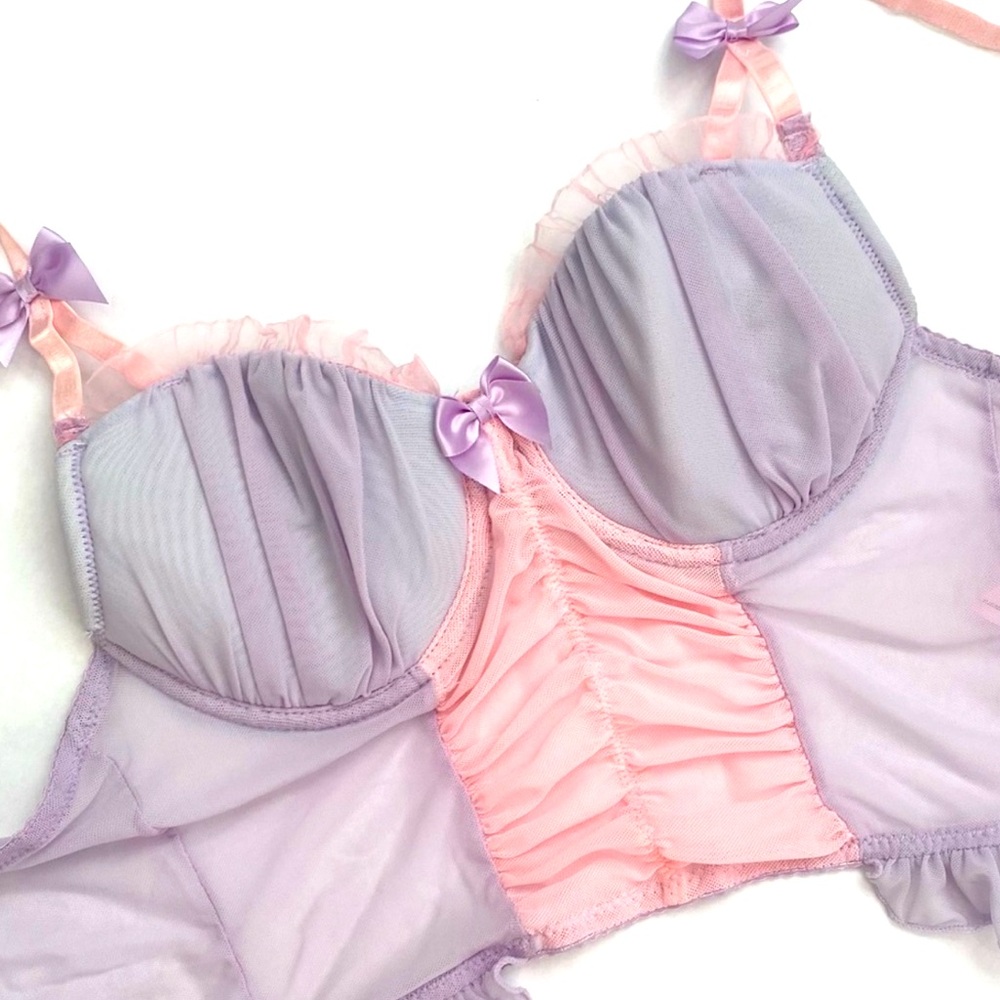 Frilly Micro Mesh Sugar Thrillz Corset Bustier Cotton Candy Pink Purple Cami med - Picture 3 of 8